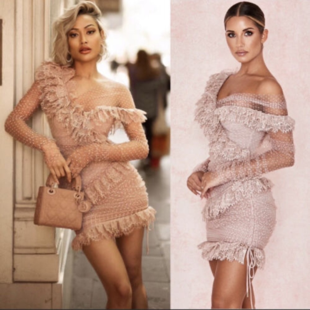House Of CB Women's US S Sorrel Blush Lace Frill Mini Dress Off the Shoulder NW